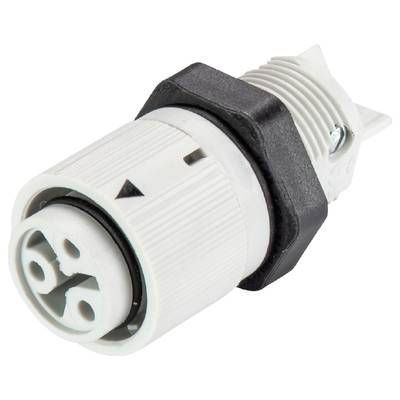 A white, cylindrical connector with a black rim and grooves for cable connections, featuring a bayonet lock.