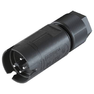 Black, cylindrical electrical connector with multiple round pins; robust design, suitable for industrial applications.