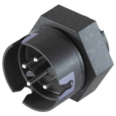 Black hexagonal plug with five metallic pins for electrical connection, suitable for technical devices.