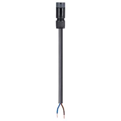 A black cable with two stripped ends, featuring a blue and a brown wire, against a white background.