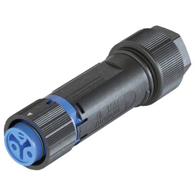 A grey, cylindrical connector with a blue internal component. Suitable for industrial and outdoor connections.
