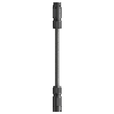 Black cylindrical cable protection conduit with connectors at both ends. Used for secure transmission of electrical signals.