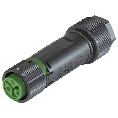 Electrical cylindrical connector with a black housing and green details, used for cable connection and signal transmission.