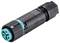 Black, cylindrical plug with turquoise details, suitable for robust electrical connections.