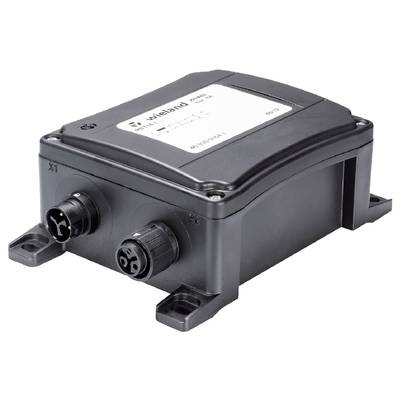 A black electronic device with connection sockets and labelling on the top surface, used in technical applications.