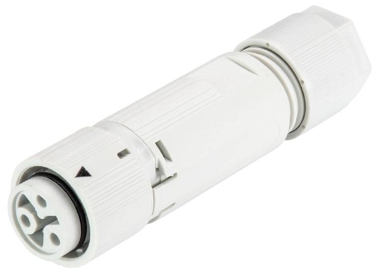 A white, cylindrical plastic connector suitable for waterproof electrical connections, with a bayonet lock.