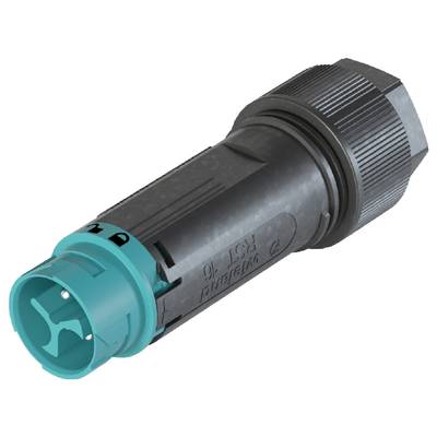 A grey, cylindrical plug with a turquoise head. The plug has grooves for better grip and several markings.