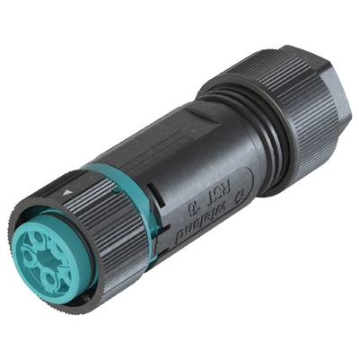 A black and turquoise round connector with multiple socket terminals and a screw lock.