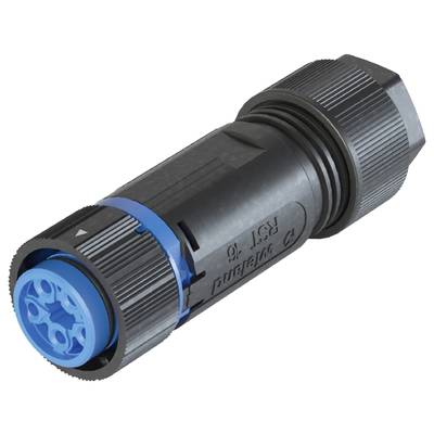 A black connector with blue elements, specifically designed for industrial applications.