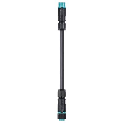 A long black hose connector with blue caps at both ends; used for connecting garden hoses.