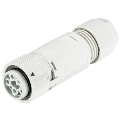 A waterproof, white plug with threaded ends, suitable for electrical connections in damp environments.