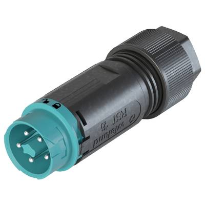 A cylindrical, black connector plug with a green socket and multiple metal pins, used for electrical connections.