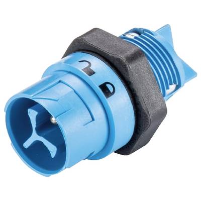A blue plastic plug with a black thread and star-shaped end, commonly used in electrical connections.