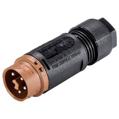 A black and orange electrical plug with multiple pin contacts, suitable for industrial applications and electrical connections.