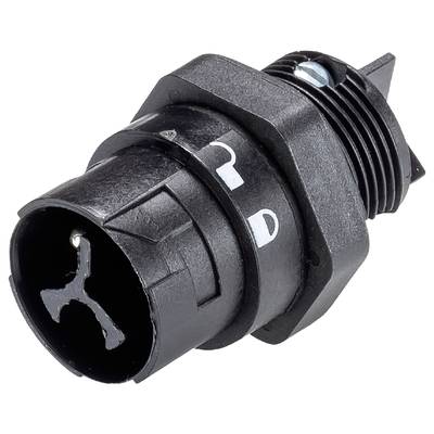 Black screw-threaded connector with two metal pins inside. Suitable for electrical connections.