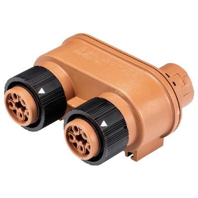 Orange electrical connector with two round terminals and black locking nuts, suitable for industrial applications.