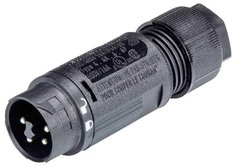A black, round plug with multiple contact points and a knurled grip, possibly for electrical connections.