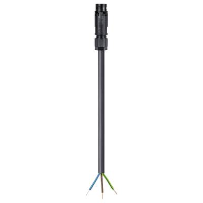 A black power cable that ends in four coloured wires (brown, blue, green-yellow, black). Suitable for electrical connections.