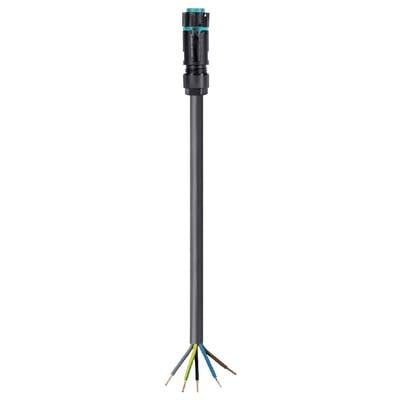 Socket with open cable end, six coloured wires visible: black, brown, blue, yellow-green, grey, and red. Ready for connection.