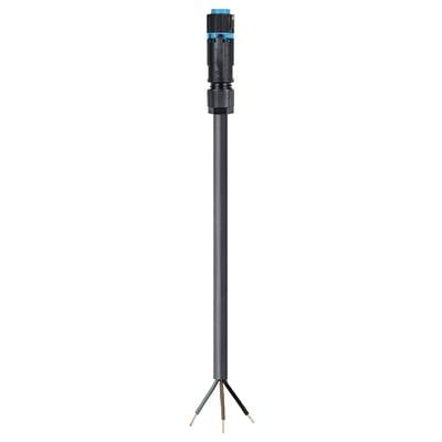 A black, elongated pipe connector with blue accents on the top surface. Three wires are visible at the bottom.