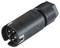 Black, cylindrical electrical plug with multiple metal pins, suitable for industrial applications.