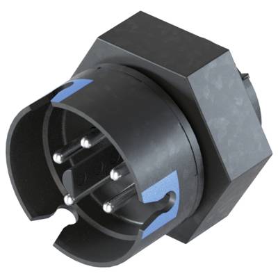 A black, six-pin plug with blue markings on the side. It has a hexagonal shape with exposed metal pins.