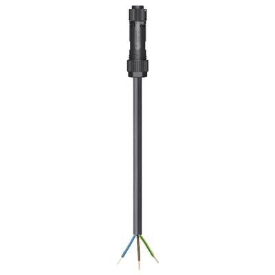 A black electrical cable with exposed wires at the lower end shows three differently coloured wires: brown, blue, and green-yellow.