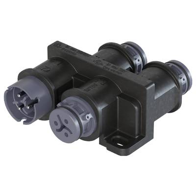 A black electronic component with two connectors and slots, potentially for industrial applications.