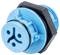 A blue, round plastic plug with three holes and a black border. The plug has a ribbed ring in the middle.