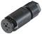 Black cylindrical connector with three holes at one end, knurled surface and marking 'HS7 08 Weiland'.