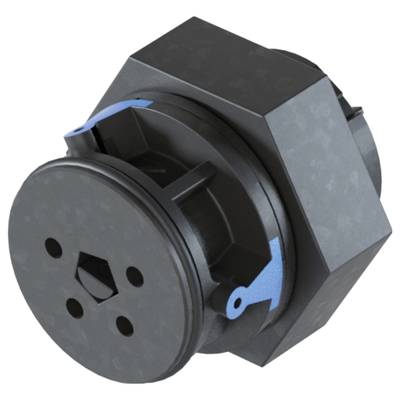 A black, octagonal plastic component with blue details. It has round openings at the front and a hexagonal base.