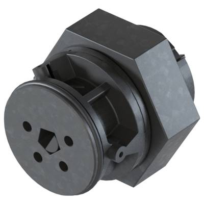 A black, hexagonal machine part with round and angular elements. It looks industrial and could be part of a larger mechanism.