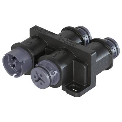 Electronic component with a black housing and grey connectors, suitable for electrically connecting cables.