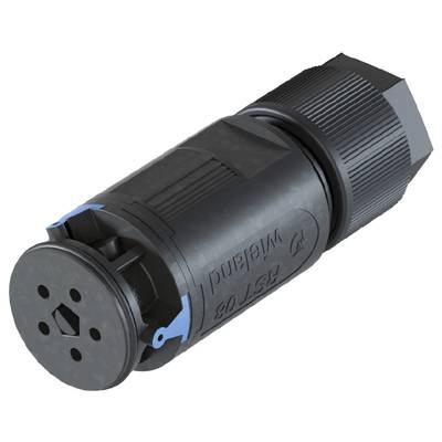 A black cylindrical connector with a ribbed texture and multiple holes at one end. Suitable for electrical connections.