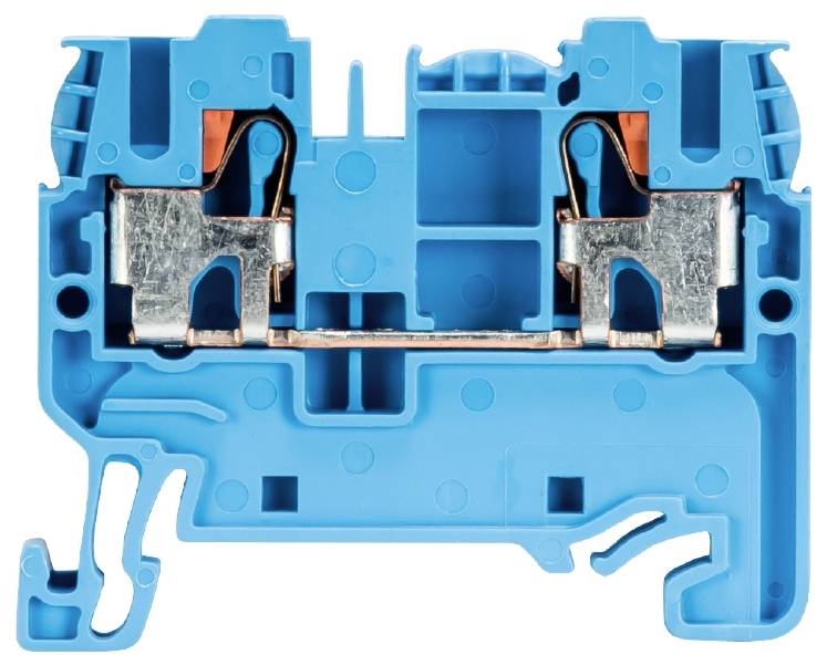 Blue electrical terminal block with metallic contacts and orange elements for wire connections.
