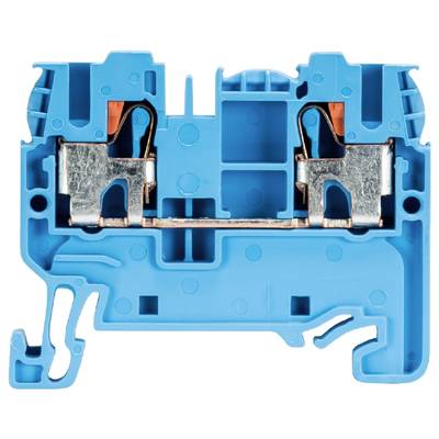 Blue electrical terminal block with metallic contacts and orange elements for wire connections.