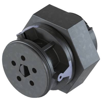 A black, six-sided component with circular and rectangular elements. Clearly a technical device.
