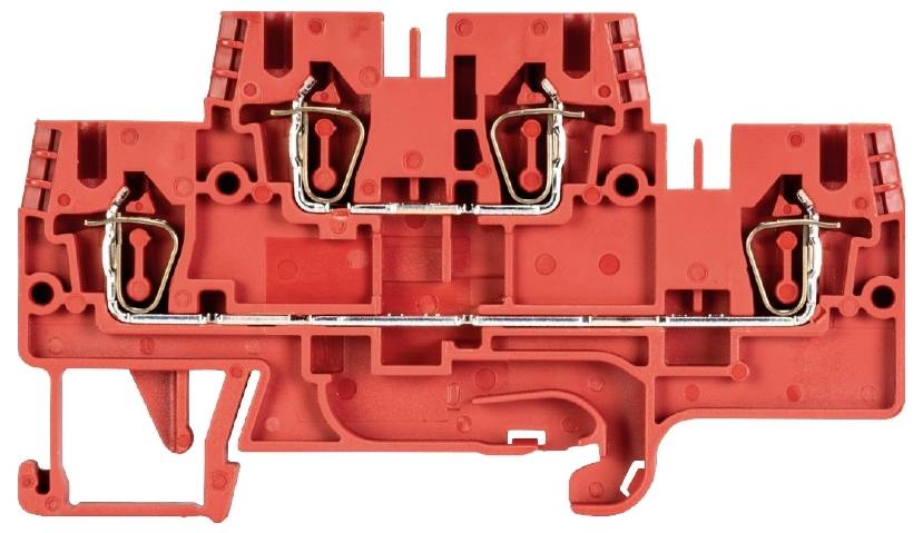 Red electrical terminal with metal connections, internal view, showing the mechanical and electrical connections of the component.