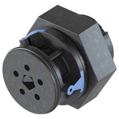 Black, hexagonal component with round and blue accents, possibly a technical part or device component.