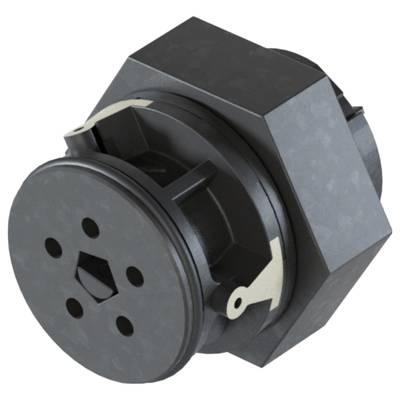 A hexagonal black plug connector with round and angular shapes, visible from above. Suitable for electrical connection.