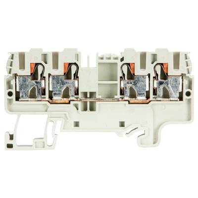 A grey, four-pole terminal block with visible copper connections for electrical wiring in control panels and distribution boards.