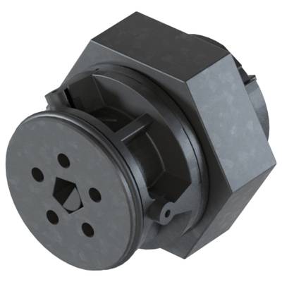 A black, hexagonal mechanical component with round and geometric elements, potentially part of a machine part.