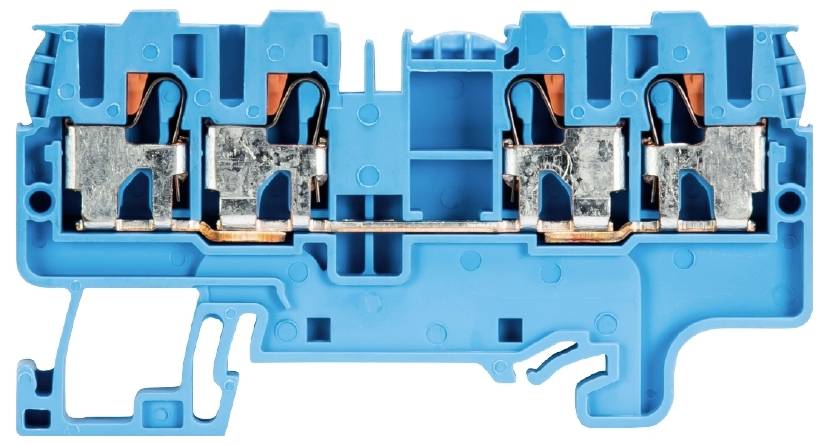 Electrical Terminal Strip: Blue plastic base with three metal connections, used for electrical wiring in control cabinets.
