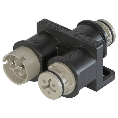 A black connector with two beige plug connections, suitable for industrial applications, on a grey background.