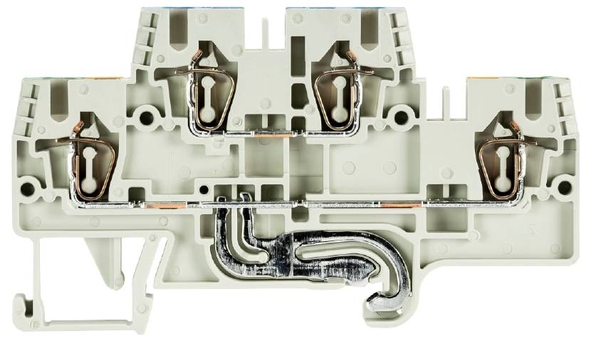 A grey electrical terminal block with multiple connection points and metallic conductors for connecting wires.