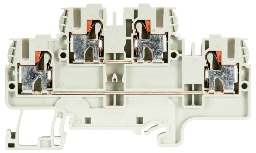 Electrical terminal with two connection points, copper conductors, grey plastic housing, and metal contacts.