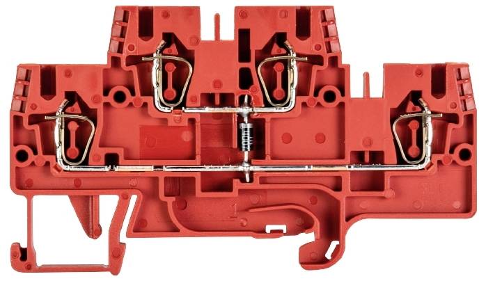 'Red electrical terminal block; shows internal metal contact path for cable connections and current conduction.'