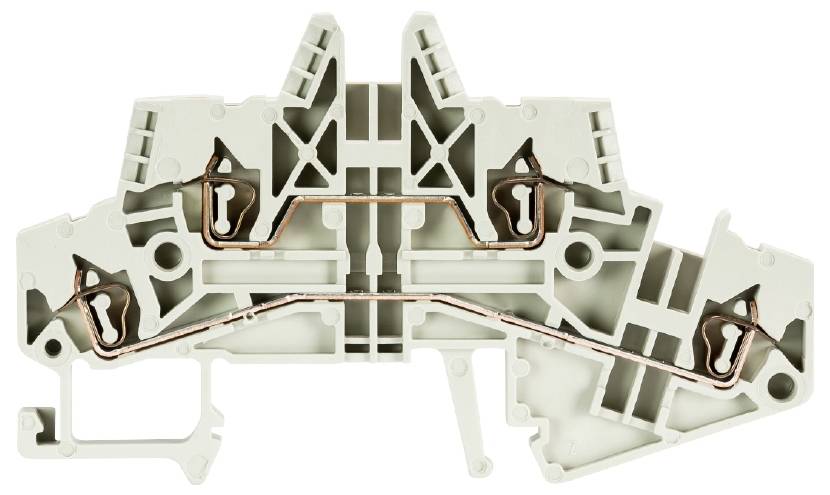 A white, two-tier terminal block with copper conductors, used for electrical connections in control cabinets.