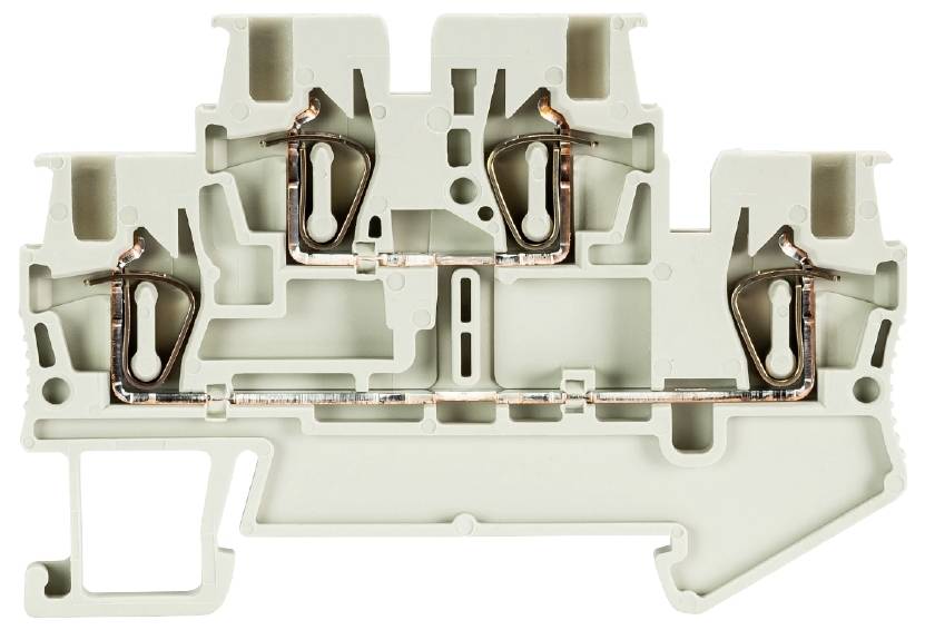 'Cross-section of a plastic terminal block with integrated copper busbars, showing the internal structure and contact points.'