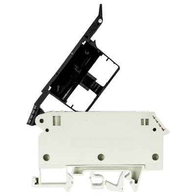 A white DIN rail adapter with a black plastic component mounted on it, pointing upwards, on a white background.